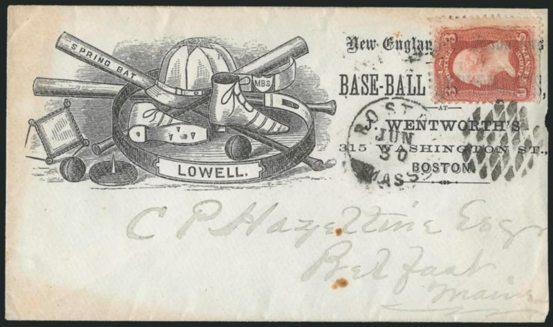 3c Red, F. Grill (94).> Tied by diamond cancel, Boston Mass. Jun. 30 circular datestamp on <New England Headquarters, Base-ball Implements, J. Wentworths Boston illustrated advertising> cover to Belfast Me.,
with detailed illustration of bats, b