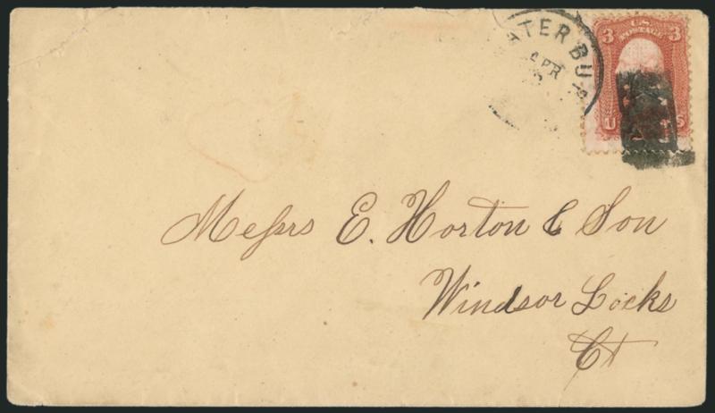 3c Red, F. Grill (94).> Rich color, clear grill, tied by bold strike of <A.J. Skull and Crossbones fancy cancel> (Rohloff Type R-5) and Waterbury circular datestamp on cover to Windsor Locks Conn., cover with
few tears, stamp with light diagonal cr