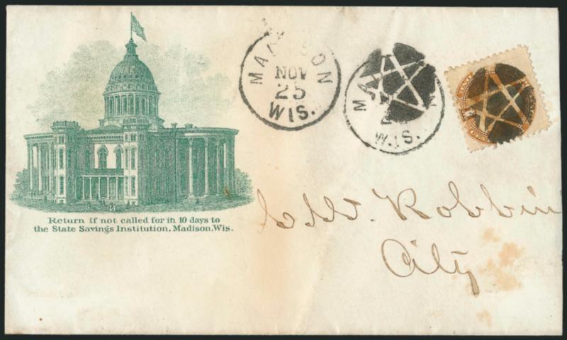 1c Buff (112).> Tied by one of two bold strikes of <negative Star fancy cancel,> Madison Wis. Nov. 25 circular datestamp on <green illustrated State Savings Institution of Madison corner card> cover to local
addressee, slightly reduced at right and