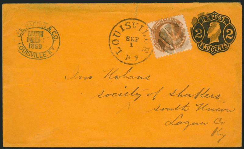 1c Buff (112).> Cancelled by Leaf cork cancel and tied by Louisville Ky. Sep. 1 circular datestamp on <2c Black on Orange entire (U56)> to the Society of Shakers in South Union Ky., 1869 company handstamp at
upper left, Very Fine, unusual