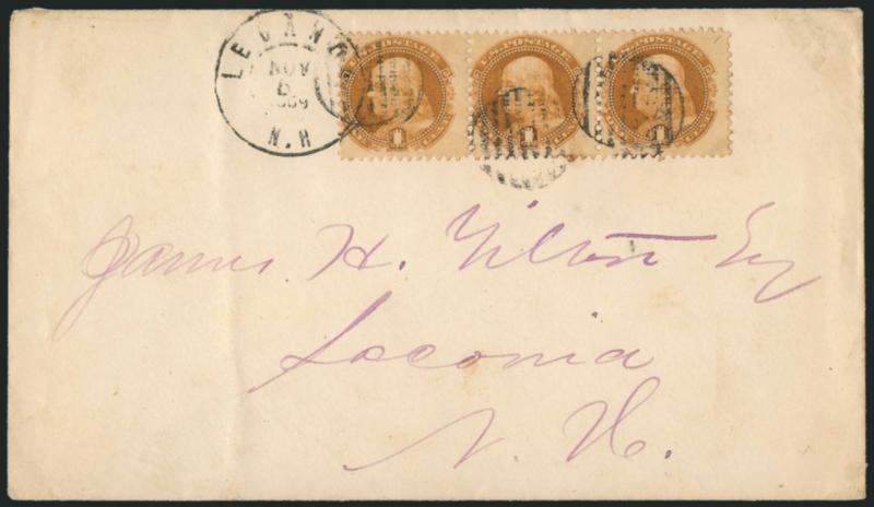 1c Buff (112).> Horizontal strip of three, clearly-defined grills, tied by grids and by Lebanon N.H. Nov. 6, 1869 double-circle datestamp on cover to Laconia N.H., trivial edgewear, Very Fine, with 2000 P.S.E.
certificate
