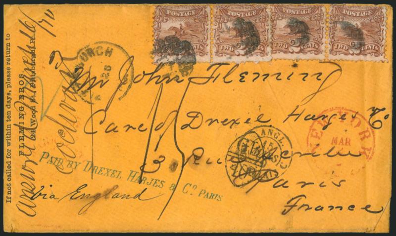 2c Brown (113).> Two horizontal pairs, cancelled or tied by circular cork, Pittsburgh Pa. Feb. 26 (1870) circular datestamp on buff cover <to Paris, France,> red New York Mar. 2 transit, red London transit
backstamp, GB40c overstruck by Calais