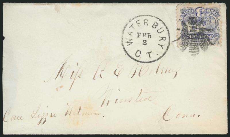 3c Ultramarine (114).> Tied by well-struck <Waterbury Small Bee> fancy cancel (Rohloff A-14) Waterbury Ct. Feb. 2 (1870) circular datestamp on small cover to Winsted Conn., slightly reduced at left and small
flap fault, stamp with small faults<><