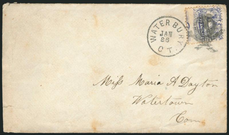 3c Ultramarine (114).> Tied by bold strike of <Waterbury Skull and Crossbones fancy cancel> (Rohloff R3) and also by Waterbury Ct. Jan. 26 (1870) circular datestamp on cover to Watertown Conn., stamp with
toned perfs, cover with toned spots and sma