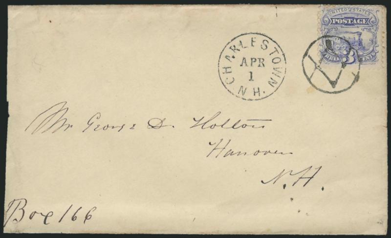 3c Ultramarine (114).> Few toned perfs, tied by <Masonic Square & Compass in Circle> fancy cancel, Charlestown N.H. Apr. 1 circular datestamp on cover to Hanover N.H., reduced at left, Very Fine strike