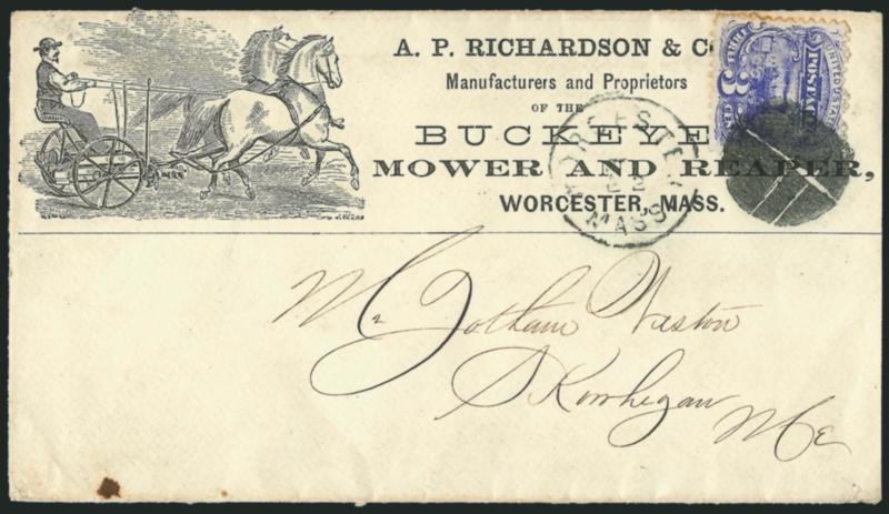 3c Ultramarine (114).> Tied by bold cork, Worcester Mass. Nov. 22 circular datestamp on uckeye Mower and Reaper illustrated advertising> cover to Maine, stamp with few trivial toned perfs from gum, Very Fine,
colorful cover