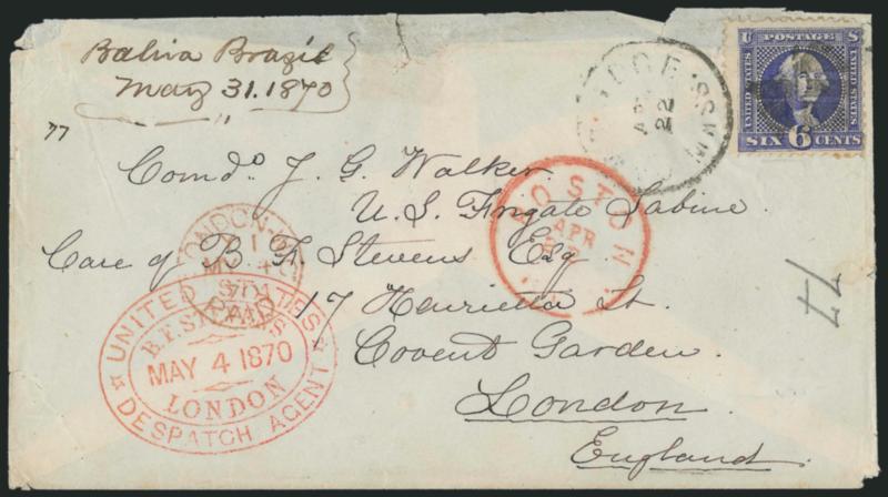 6c Ultramarine (115).> Cancelled by cork and tied by Cambridge Mass. Apr. 22 circular datestamp on tissue cover <to London, England,> red Boston Mass. Apr. 22 transit, red London Paid transit, also with red
<United States Despatch Agent, B.F.
