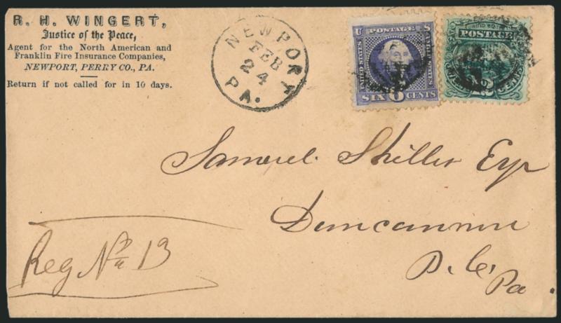 6c Ultramarine, 12c Green (115, 117).> Both well-centered with rich colors, tied by large grids, Newport Pa. Feb. 24 circular datestamp on <registered> corner card cover to Pa., slightly reduced at left,
Extremely Fine, ex Haas and European, with