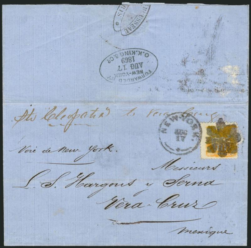 10c Yellow (116).> Tied by stunning bold strike of rosette cancel and duplex New-York Aug. 17 circular datestamp on blue folded cover <to Vera Cruz,> backstamped by <sender in Paris, France, and Forwarded by
O. K. King & Co. New-York Aug. 17, 1869
