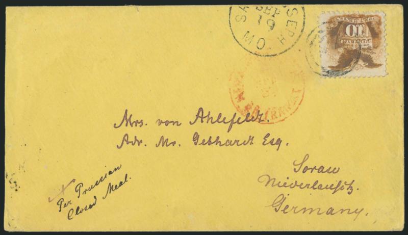 10c Yellow (116).> Tied by target, St. Joseph Mo. Sep. 19 circular datestamp on yellow cover <to Germany,> red New York Paid All Br. Transit Sep. 22 circular datestamp, receiving backstamp, Very Fine cover
sent via Closed Mail