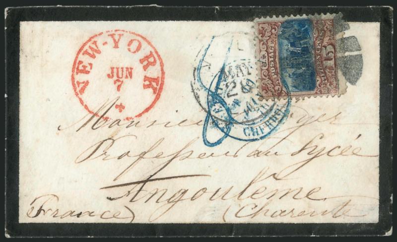 15c Brown & Blue, Ty. I (118).> Rich colors, tied by cork, New Orleans La. May 28 circular datestamp on 1870 <mourning> cover <to Angouleme, France,> red New York Jun. 7 transit datestamp, blue French transits
incl. <blue> 8 decimes due marking