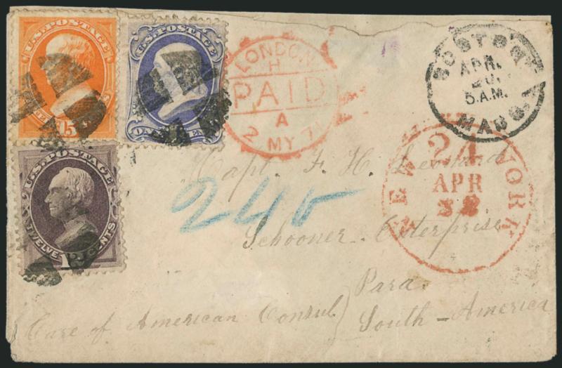 1c Ultramarine, 12c Dull Violet, 15c Bright Orange (145, 151, 152).> Bright colors, tied by quartered corks, small Boston Mass. Apr. 20 circular datestamp on 1871 cover addressed to Schooner <<Enterprise>> <at
Para, Brazil,> red New York 24 Apr. 2