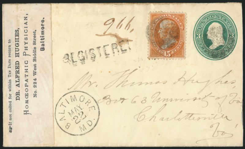 15c Bright Orange (152).> Rich color, choice centering, tied by cork cancel on 3c Green entire to Charlottesville Va., neat Baltimore Md. May 22 circular datestamp and <Registered> handstamp, with label at
left for homeopathic physician, with ori
