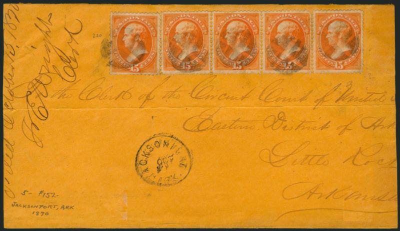 15c Bright Orange (152).> Horizontal strip of five, tied by quartered corks, Jacksonport Ark. Oct. ? circular datestamp on reduced oversize cover to Little Rock Ark., 1870 docketing at left, one stamp with
rounded corner, otherwise Very Fine, impre