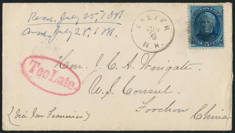 5c Blue (179, 185).> One cover of each, first used from San Francisco to Sweden second used from Exeter N.H. <to Foochow, China> with red Too Late oval handstamp, Very Fine