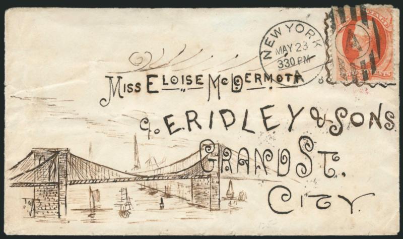 2c Vermilion (183).> Tied by New York (Sta.) A May 23 3:30 PM (1883) duplex cancel on locally addressed cover with drawing of rooklyn Bridge postmarked the afternoon before the bridge opened,> ms. frame for
stamp, addressed to an employee of E. R