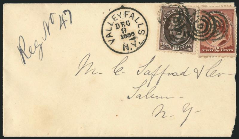 10c Black Brown (209b).> Deep rich color, <used with 2c Red Brown (210)> and tied by multiple strikes of target, Valley Falls N.Y. Dec. 9, 1886 circular datestamp on registered cover to Salem N.Y., ms.
registry no. at left, opened a bit roughly at