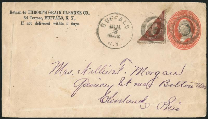 2c Red Brown, Bisect (210 var).> Top left diagonal half, used on <2c Red Brown entire (U227)> and tied by target, Buffalo N.Y. Jul. 3 circular datestamp, to Cleveland O., receiving backstamp, slightly reduced
at left, some soiling and wear, still F