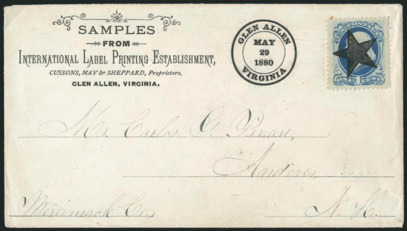 1c Dark Ultramarine (182).> Jumbo margins, sharp <Glen Allen Star precancel> on International Label Printing Establishment corner card cover to Andover N.H. with red illustration on back, Glen Allen Virginia
May 29, 1880 printed datestamp, single t