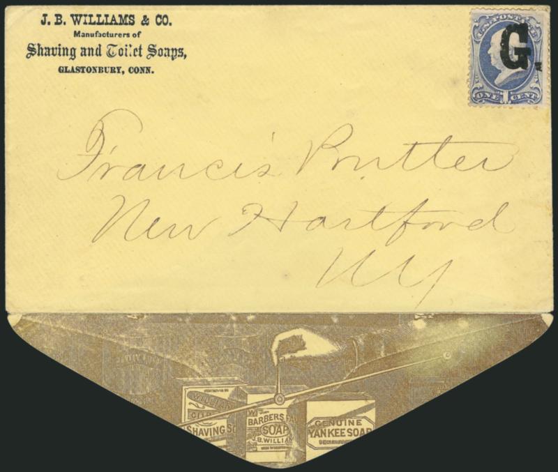 1c Ultramarine (156).> On yellow cover advertising cover with illustration on back in brown and <G precancel> of Glastonbury Conn., to Kensington N.H., stamp with fault at top left corner and with toned spot,
still appears Fine, a fresh and scarce