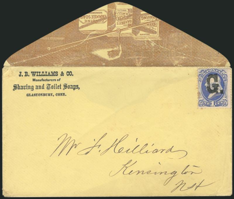 1c Ultramarine (156).> On yellow cover advertising cover with illustration on back in brown with <G precancel> of Glastonbury Conn., to Kensington N.H., stamp with bit of adherence at left, couple small cover
nicks, Fine and scarce example of this
