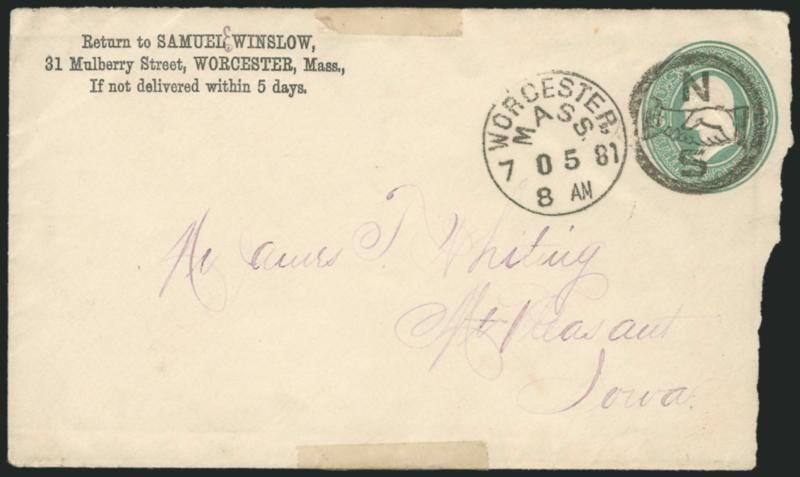 N S North-South Shaking Hands, Positive Version.> Perfect clear strike with Worcester Mass. 7 05 81 8 AM circular datestamp on 3c Green entire to Mt. Pleasant Iowa, receiving backstamp, reduced and opened bit
roughly at right, scotch tape marks a