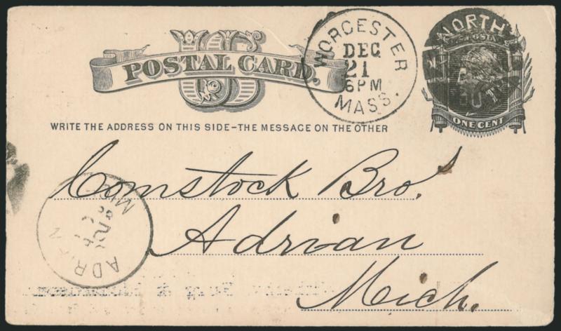 North-South Shaking Hands.> Bold strike and Worcester Mass. Dec. 21 6 PM (1880) circular datestamp on 1c Postal Card to Adrian Mich., receiving datestamp at bottom left, couple minor bends, otherwise Very
Fine, choice strike