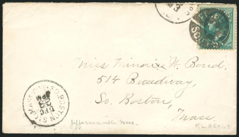 FL. Beals South.> Bold fancy cancel ties 3c Green (184) on cover to Boston Mass., partial strike of R.P.O. datestamp (Jeffersonville) at top, Dec. 23 Boston receiving datestamp at bottom, Very Fine, F.L. Beals
was the agent at Jeffersonville on the W