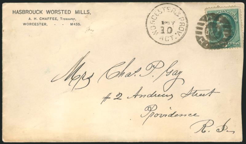 North720A.M.> Bold fancy cancel ties 3c Green (184) on cover to Providence R.I., neat Worcester & Prov. Agt. May 10 circular datestamp, receiving backstamp, barely reduced at right, Very Fine strike of this
rare route agents cancellation, the Pr