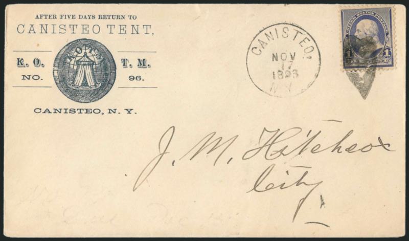 1c Dull Blue (219).> Tied by bold eart within Heart> handstamp, Canisteo, N.Y. Nov. 17, 1893 circular datestamp on illustrated corner card drop cover with design in blue for the Knights of the Maccabees, a
19th Century fraternal organization, Ext