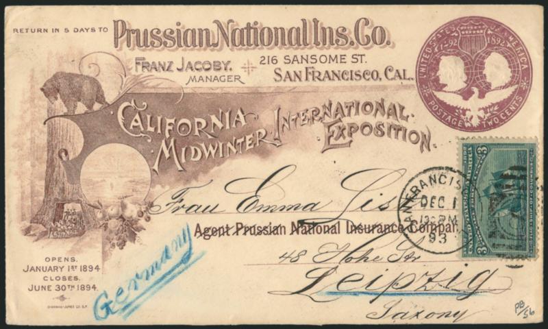 3c Columbian (232).> Tied by San Francisco Dec. 1 130 PM 93 duplex cancel on <California Midwinter International Exposition> Columbian Entire (U349) with Prussian National Ins. Co. corner card to <Leipzig,
Germany,> transit and receiving backstam