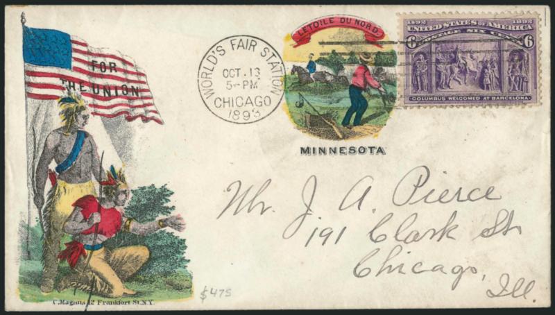 3c, 6c Columbian (232, 235).> Each on separate <Magnus multicolor two-panel Civil War patriotic cover and tied by Worlds Fair Station Chicago machine circular datestamps,> Oct. 30 and 13, 1893 respectively,
same correspondence, minor cover soiling