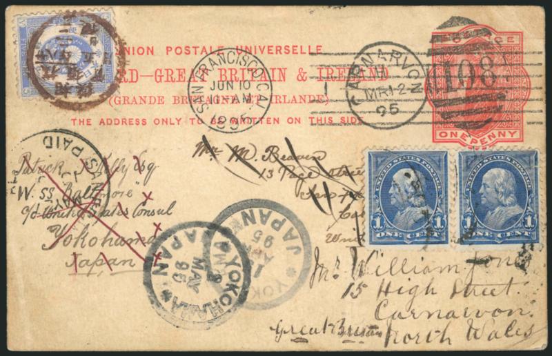 Round-the-World Postal Card.> 1895 posting with 1p Red Great Britain Postal Card, pair of U.S. 1c Blue No. 264 and Japan 5s Ultramarine No. 74, all tied (or cancelled) by various circular datestamps as
Carnarvon March 12, 1895 (Wales), Yokohama, Japa