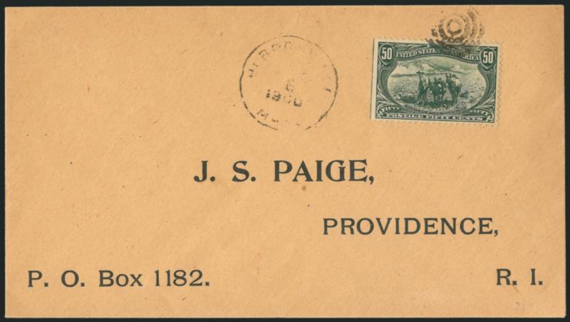 50c Trans-Mississippi (291).> Natural s.e. at left, choice centering, tied by target, light strike of 1900 Mass. town datestamp on cover with printed address to Providence R.I., philatelic use, Very
Fine