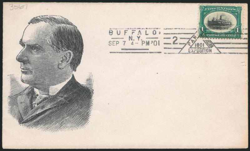 1c-10c Pan-American (294-299).> Each on individual cover, all with either September or October 1901 Buffalo Pan American Exposition machine cancels, 4c-10c with matching monochrome expo globes corner cards
with the Americas made up of embossed fe