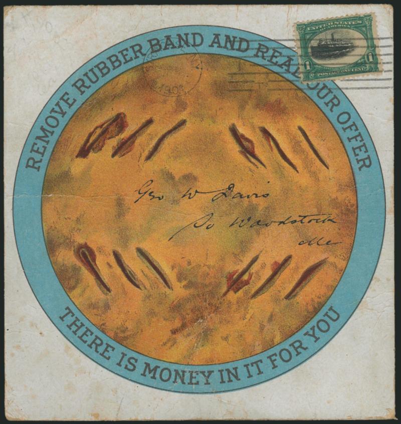 1c Pan-American (294).> Small tears, tied by Syracuse N.Y. dateless machine cancel on 5-14 x 5-12 inn. <multicolored None Such Mince Meat advertising card> to So. Woodstock Me., slight crease, otherwise Fine,
rare format