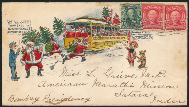 1c Blue Green (300).> Single, used with with two 2c Carmine (319), tied together by New York, N.Y. Dec. 22, 1904 wavy-line machine cancel on advertising cover to <Satara, India with spectacular six-color
Christmas design for Bloomingdales Dept. St