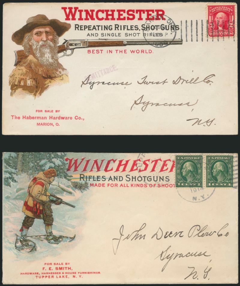 Gun Covers.> Two Winchester multicolor ad covers, one with hunter in snowshoes, other Wild Bill Cody frontiersman likeness and Winchester carbine, printed ads on backs, contemporary frankings, pristine
condition, Extremely Fine pair