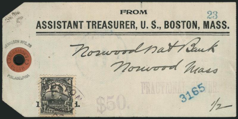 $1.00 Black (311).> Tied by Boston Mass. registry oval on From Assistant Treasurer, U.S., Boston, Mass. tag addressed to Norwood Mass., purple Boston Mass. Registered Jul. 13, 1908 and receiving backstamps,
Very Fine, scarce commercial usage