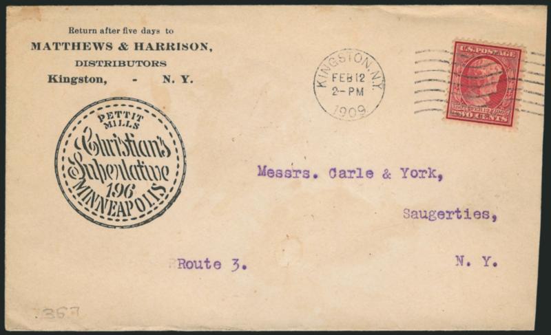 2c Lincoln (367).> Three Feb. 12, 1909 <First Day Covers,> towns incl. Iola, Kans., Kingston, N.Y. and Modesto, Cal., first faint staining and bit reduced at right, second cover toned and bit brittle (three
edge tears), otherwise Fine