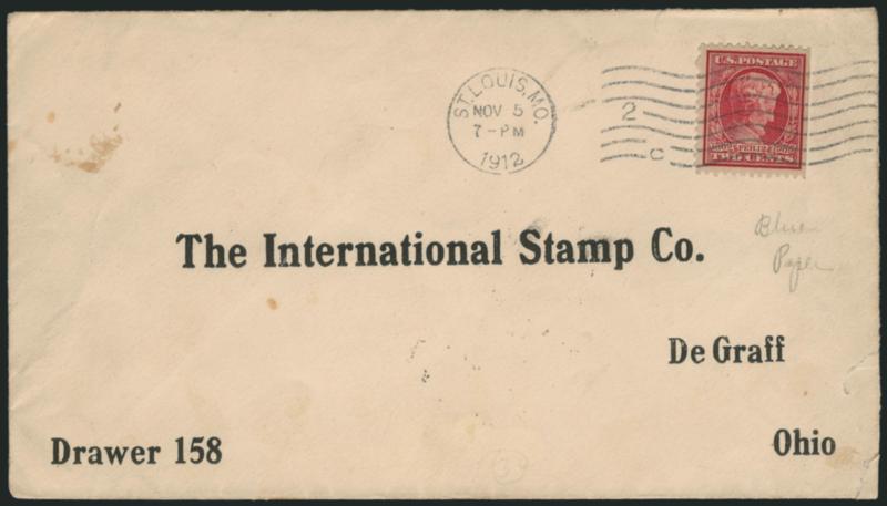 2c Lincoln, Bluish (369).> Two covers, each stamp natural right s.e., one with printed address and tied by St. Louis, Mo. Nov. 5, 1912 wavy-line machine cancel, other on Bankers corner card, stamp tied by
Washington, D.C. Apr 2 1909 wavy-line machin