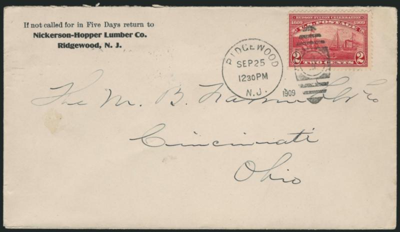 2c Hudson-Fulton (372).> Trivial corner perf crease, tied by Ridgewood N.J. Sep. 25, 1909 <First Day> duplex on Lumber Co. corner card cover, Fine and scarce
