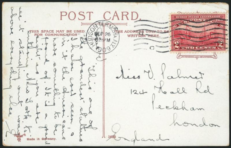 2c Hudson-Fulton (372).> Perfectly centered, tied by Hudson Term. Sta. N.Y. Sep. 26, 1909 6:30PM <second day> machine cancel on picture postcard of the Statue of Liberty <to London, England,> card with minor
edgewear, otherwise Very Fine, a rare <S