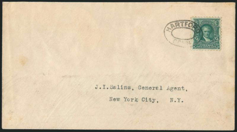 $5.00 Light Green (480).> Rich color, tied by Hartford Conn. oval on cover to New York City, trivial soiling, Very Fine, an attractive usage and scarce on a cover of this small size, with 1975 and 2003 P.F.
certificates