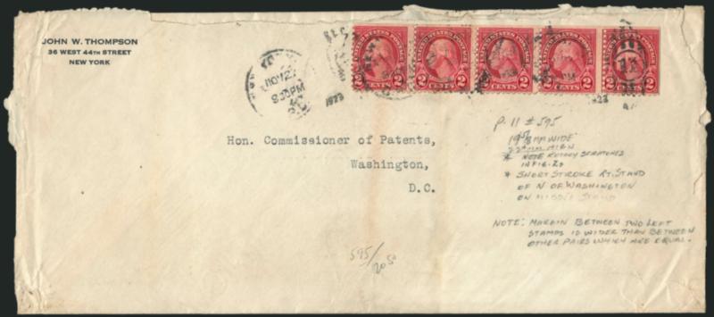 2c Carmine, Rotary, Perf 11 (595).> Horizontal strip of five, natural s.e. at top and right, tied by Nov. 27, 1923 duplexes on legal-size cover to Commissioner of Patents in Washington D.C., opened bit roughly
on three sides, Fine, scarce multiple