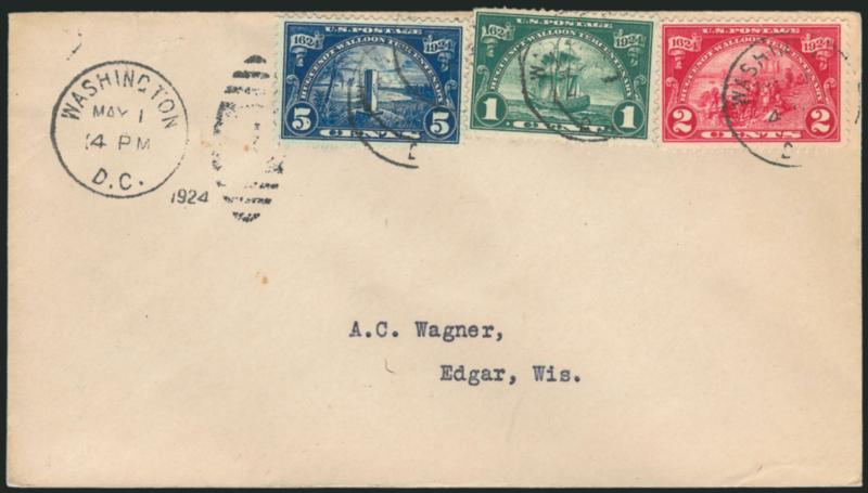 1c-5c Huguenot-Walloon (614-616).> Tied by Washington D.C. May 1, 1924 duplex cancels on cover to Edgar Wis., Very Fine First Day cover