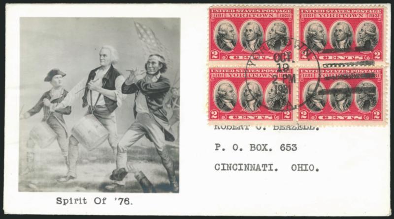 2c Yorktown (703).> Single and two blocks of four on Beazell Photographic First Day Covers (Planty 34E, 34G, 34H) and tied by Yorktown Va. Oct 19 1931 and bars handstamp duplexes,