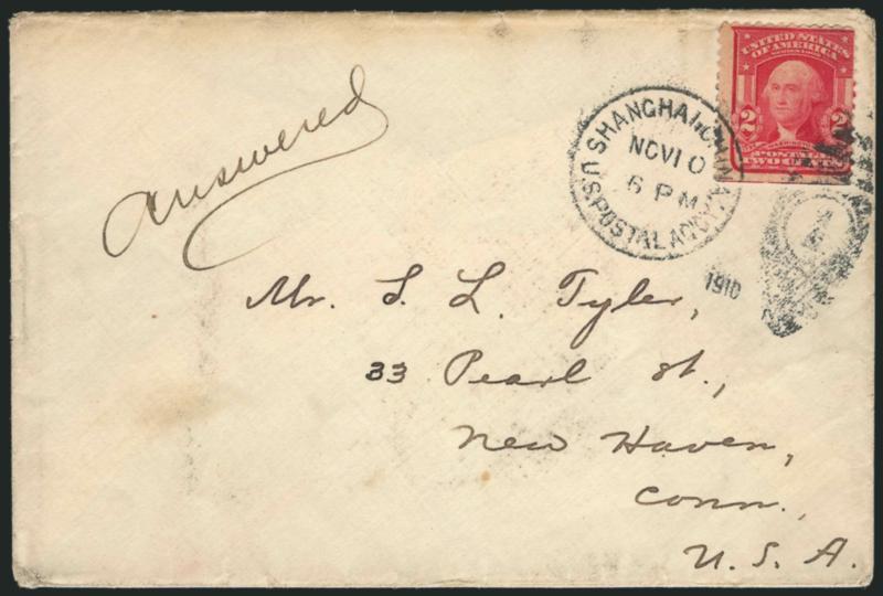 Offices in China.> Three covers, incl. 2c Shield tied by 1910 U.S. Postal Agency Shanghai duplex cancel, pair of No. K1 used Dec. 12, 1919 and tied by Agency duplex, unoverprinted 2c and pair 5c 1913-15
Washington-Franklins, registered use to Washing