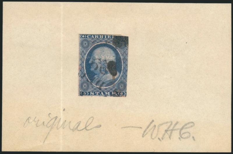 (1c) Dull Blue, Franklin Carrier (LO1).> Margins to slightly in, part of black New York circular datestamp, ink spots and fairly heavy horizontal crease, otherwise about Fine for this rare Government Carrier,
hinged on small piece of paper and pencil