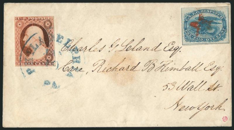 1c Blue, Eagle Carrier (LO2).> Large margins to full with framelines on three sides, cancelled by red star and <used with 3c Dull Red, Ty. II (11A),> tied by blue Philadelphia Pa. Jan. 19 circular datestamp to
New York, 3c oxidized, some cover soil